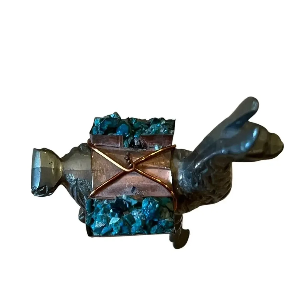 1970's VTG BRASS Llama Alpaca Figurine with Turquoise Cargo Packs COPPER Saddle